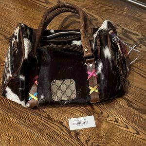 Cowhide  Satchel with Colorful Accents and Gucci patch